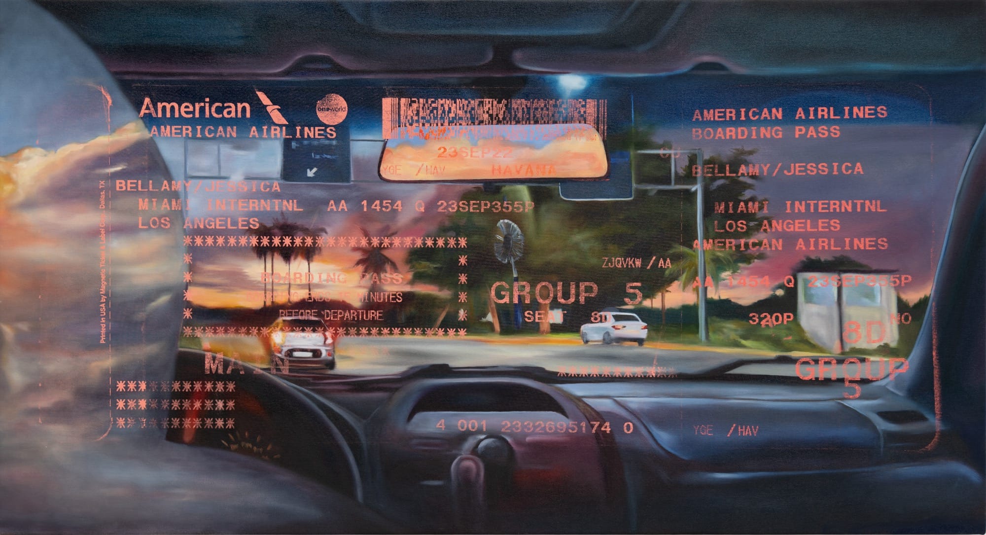 a horizontal abstract painting of a landscape at night viewed through the windshield of a car, overlaid with an American Airlines passenger ticket