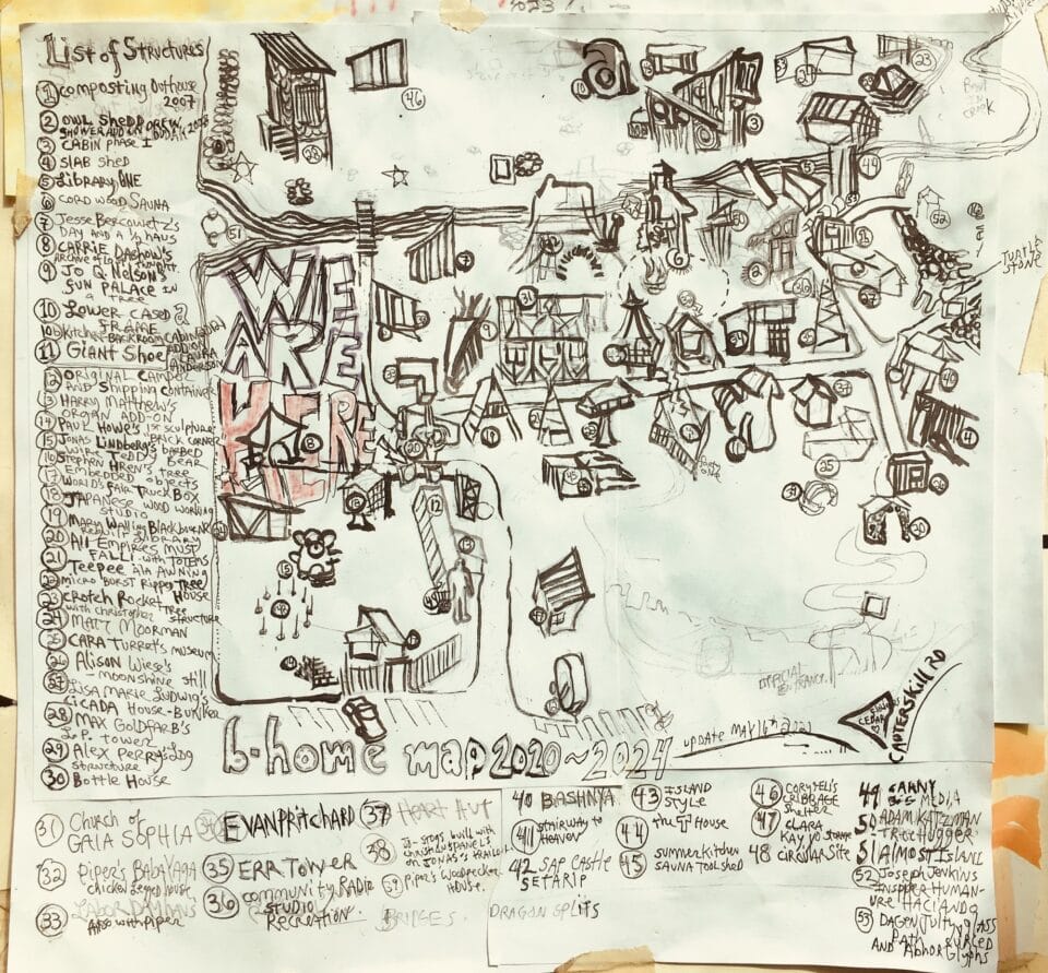 a hand-drawn map of artist Matt Bua's "B-Home," a property with numerous structures and artworks made from recycled and salvaged materials