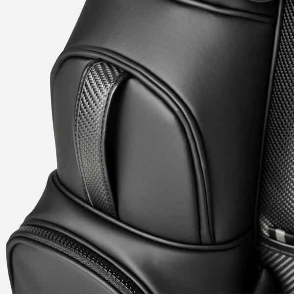 Close up of front pocket on carbon fiber golf bag