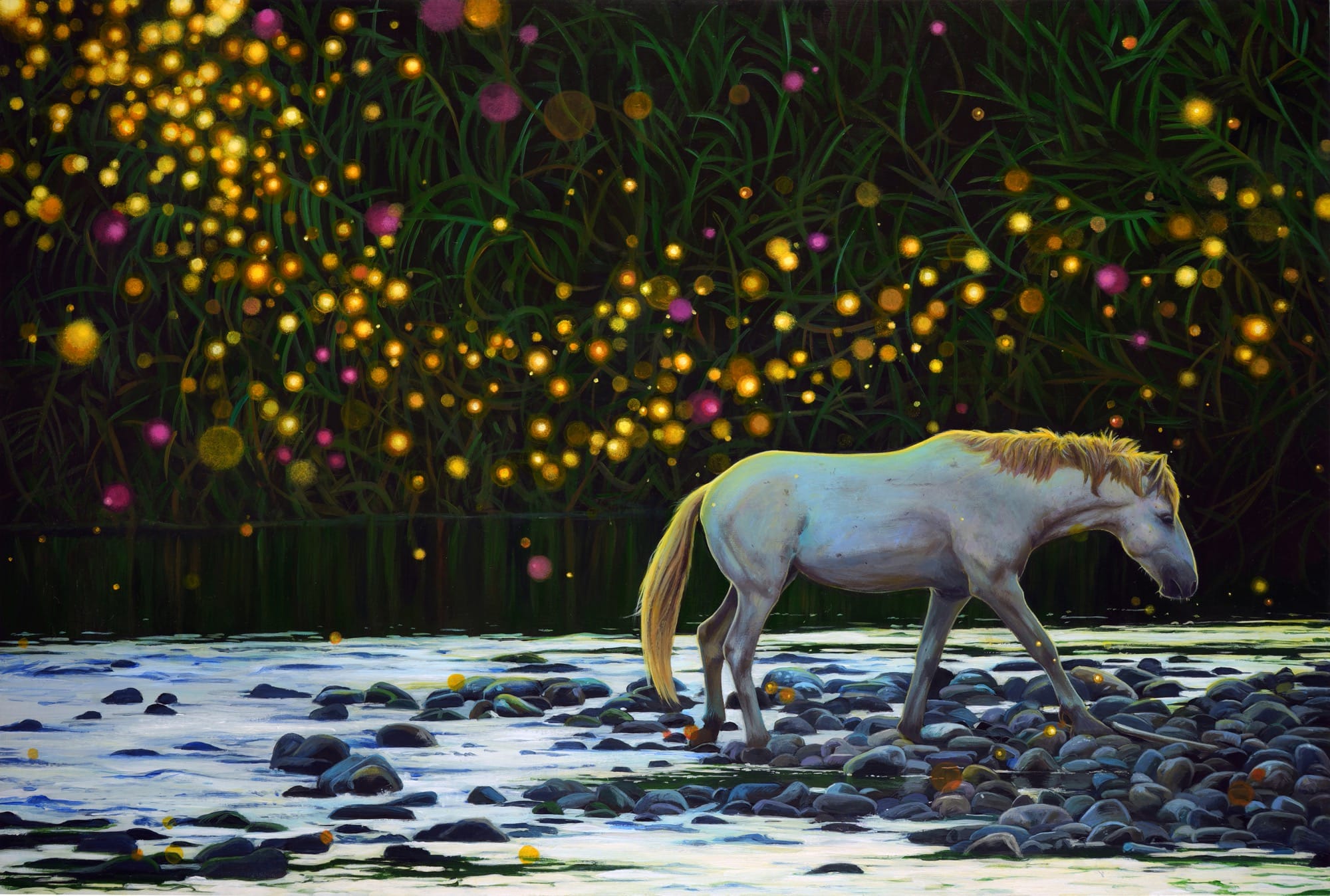 a horse walking through water with a firefly horde above