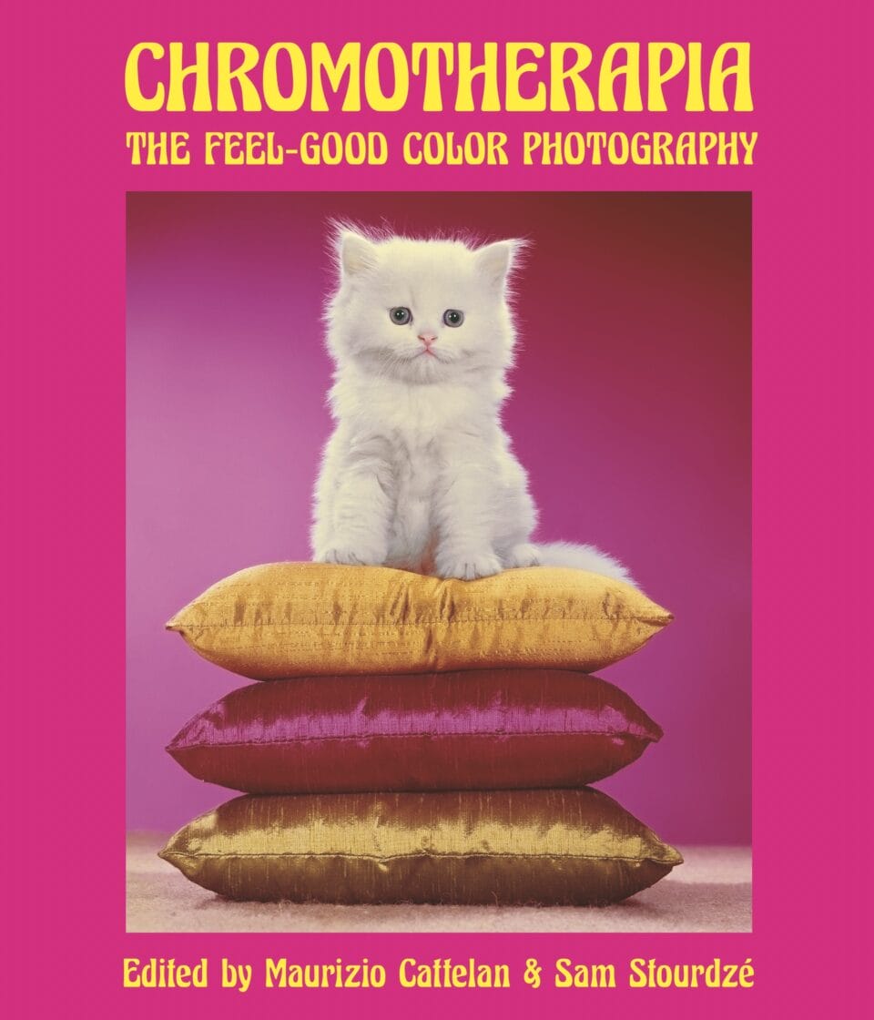 cover of the book 'Chromotherapia' with a photograph of a white kitten sitting on a stack of three silk pillows