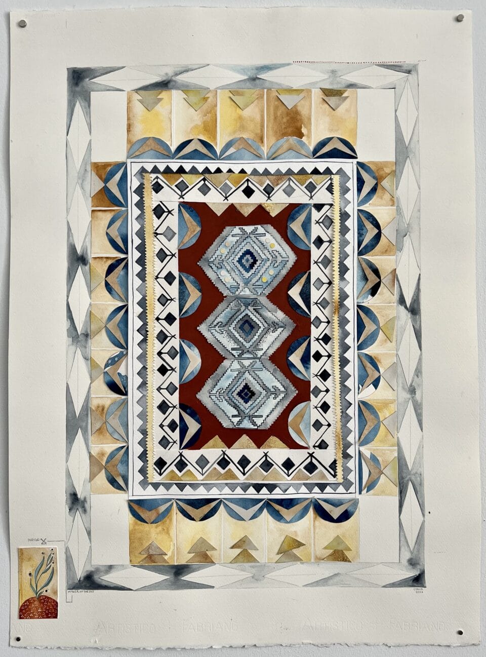 an abstract painted paper collage with a maroon-and-blue geometric pattern in the center, surrounded by an ornate border