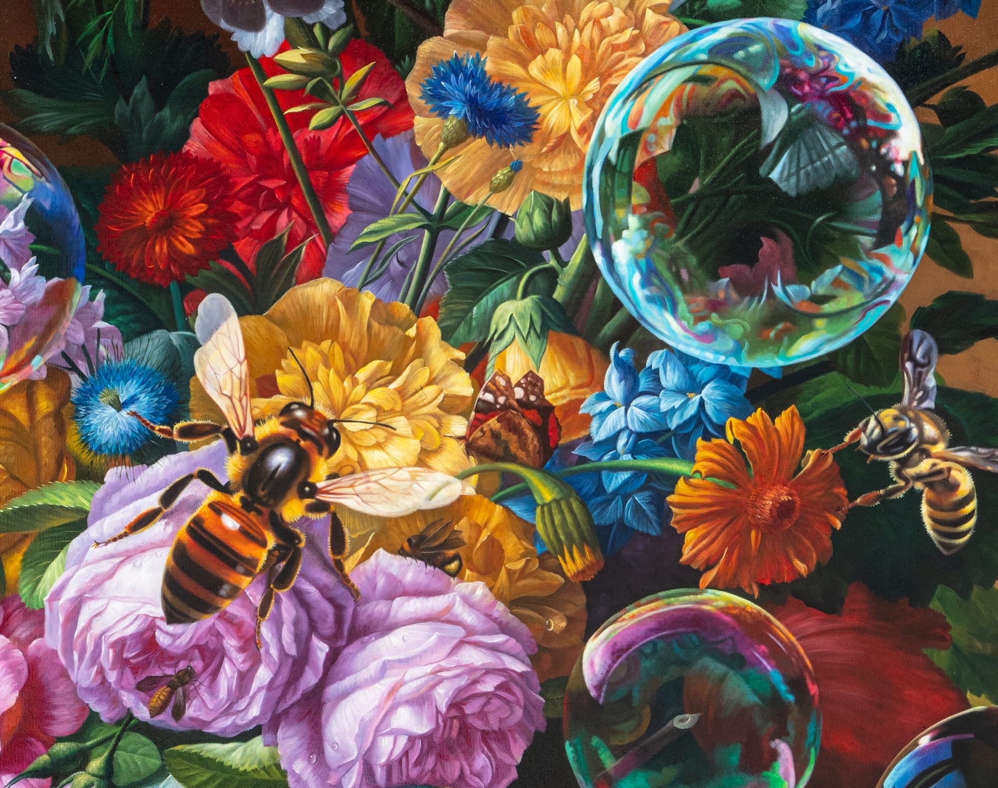 a detail of a still life painting of lush pink and yellow flowers with iridescent bubbles and bees surrounding it