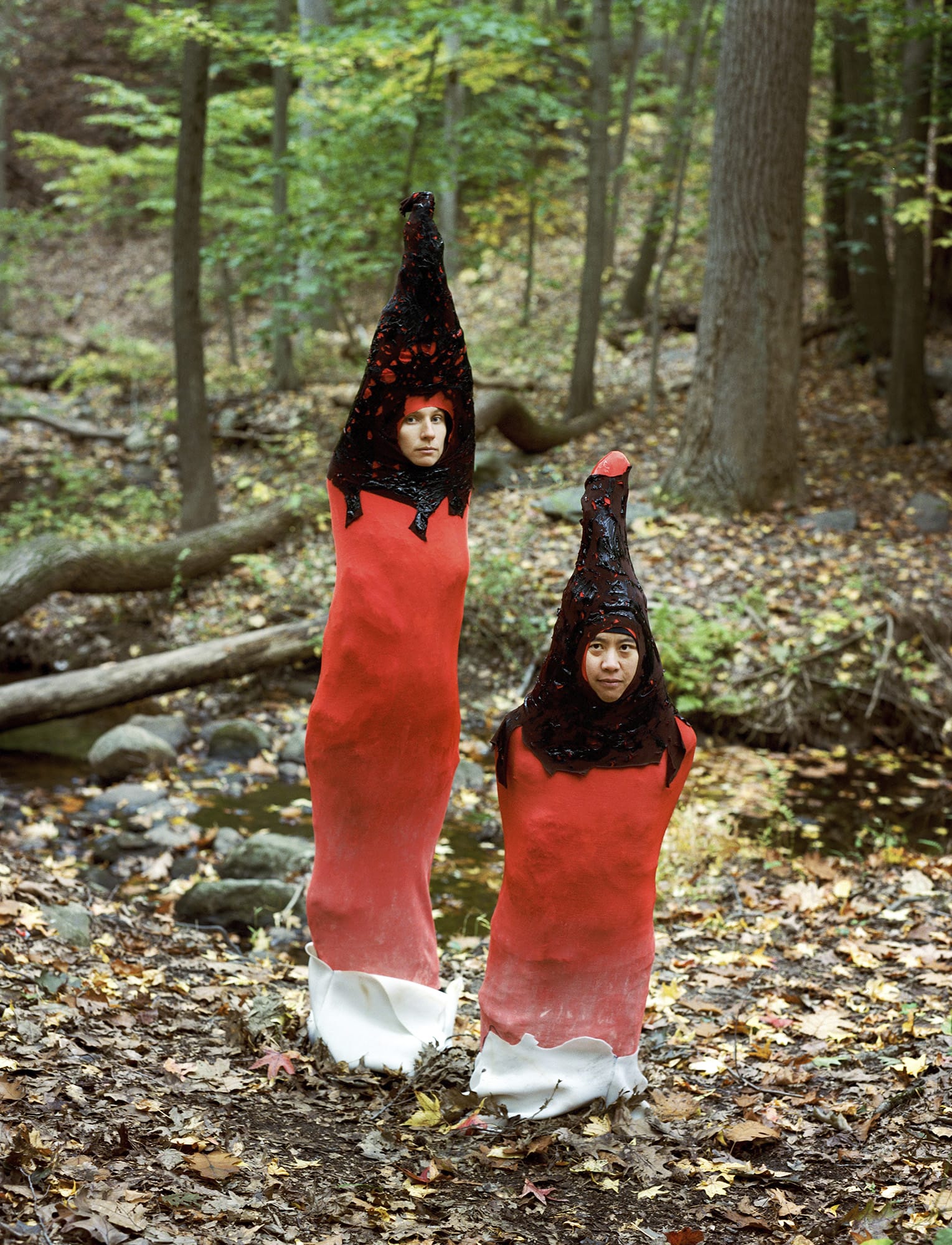 in the forest, two figures wear matching red garments reminiscent of dog stinkhorn mushrooms.