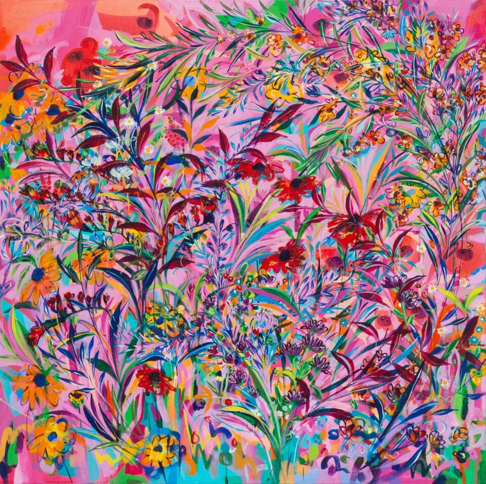 a lush painting of flowers in pinks, purples, reds, and oranges