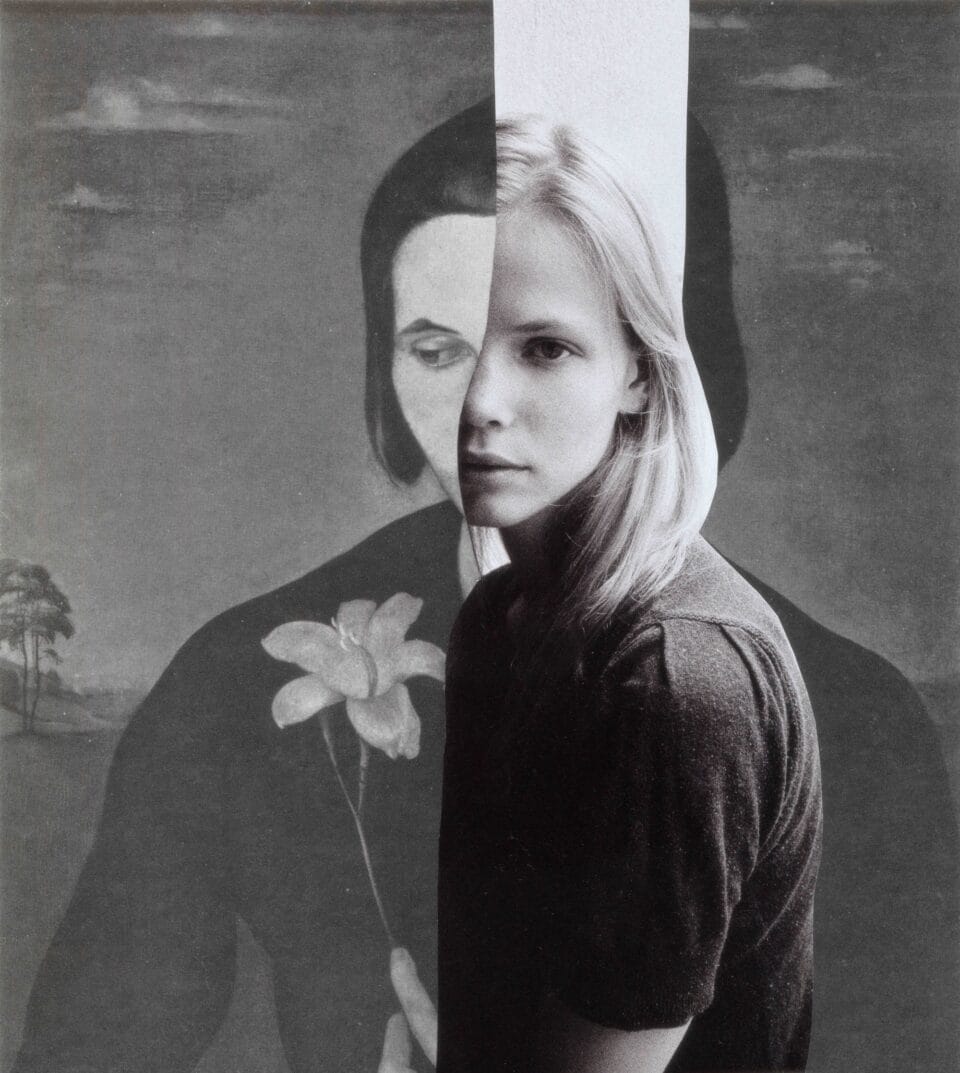 a black and white collage of a woman with two faces spliced together