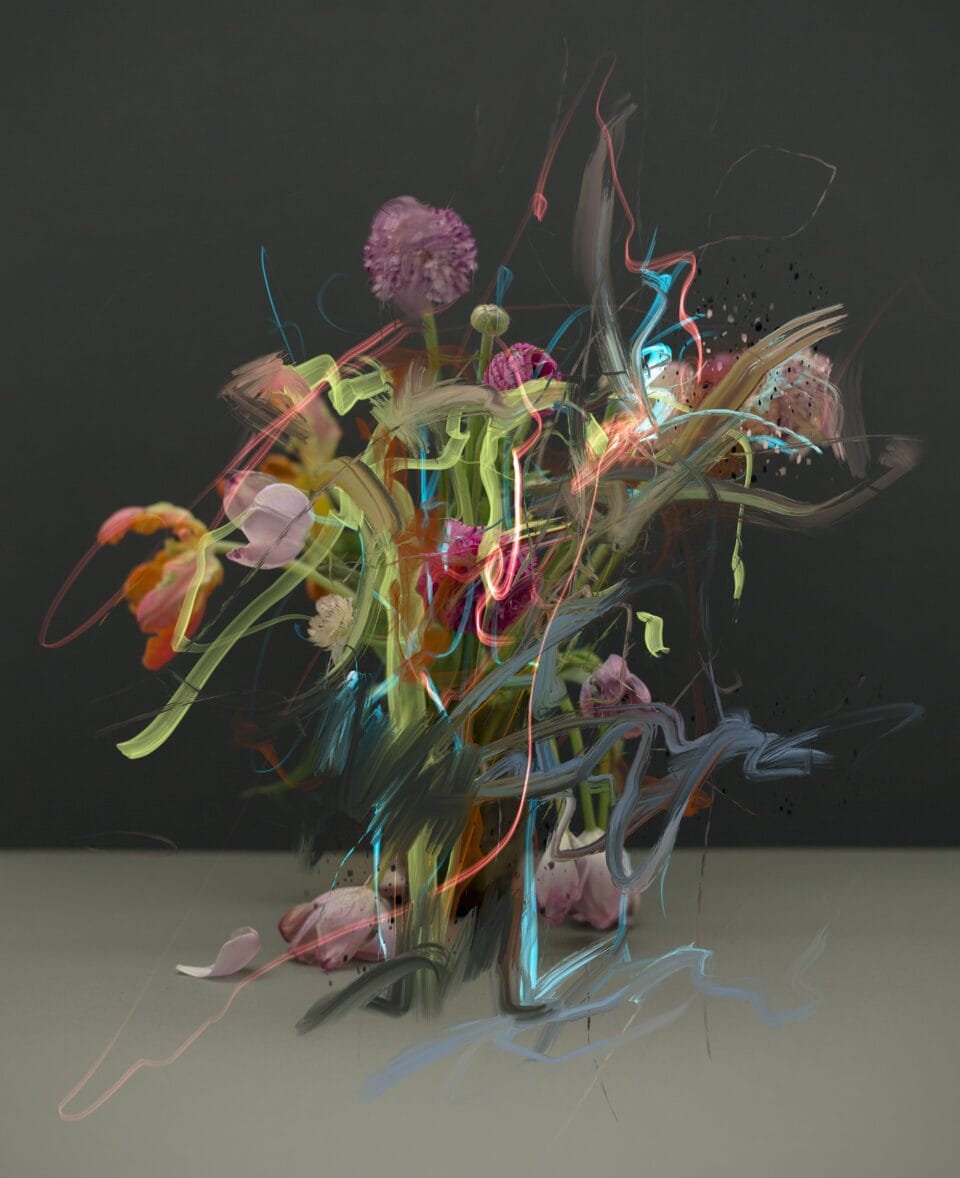 a still life painting of a bouquet with delicate streaks of paint across the flowers