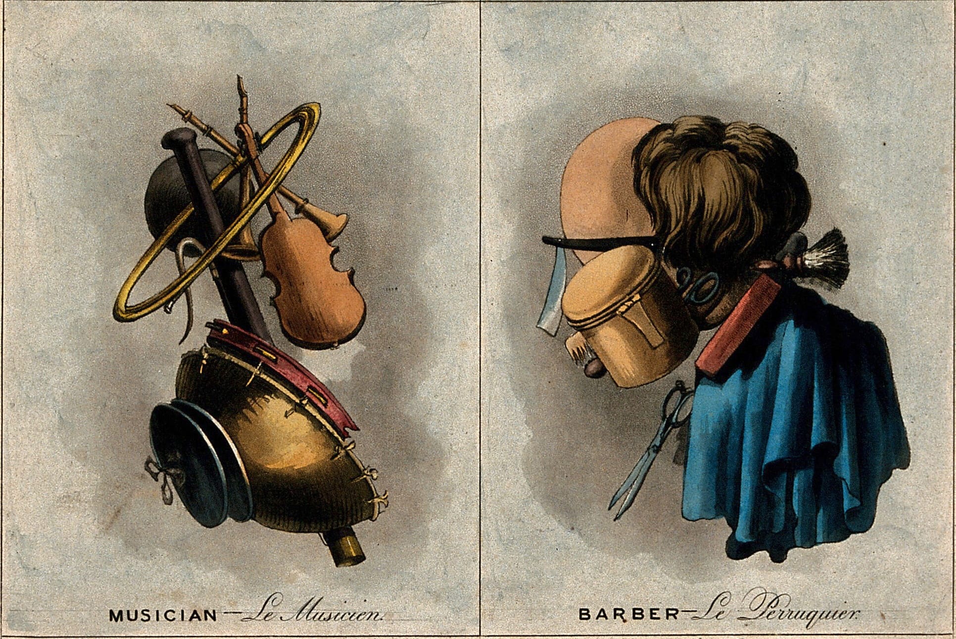 the lower half of a page of aquatint illustrations portraying composite heads of a musician and a barber made of their respective instruments