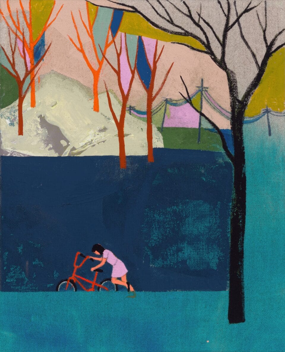 an abstract landscape with spindly trees and a girl pushing a bike amid patches of blue