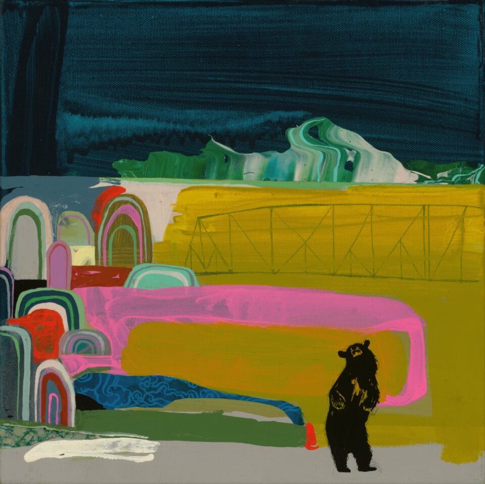 an abstract landscape with an upright black bear in the foreground