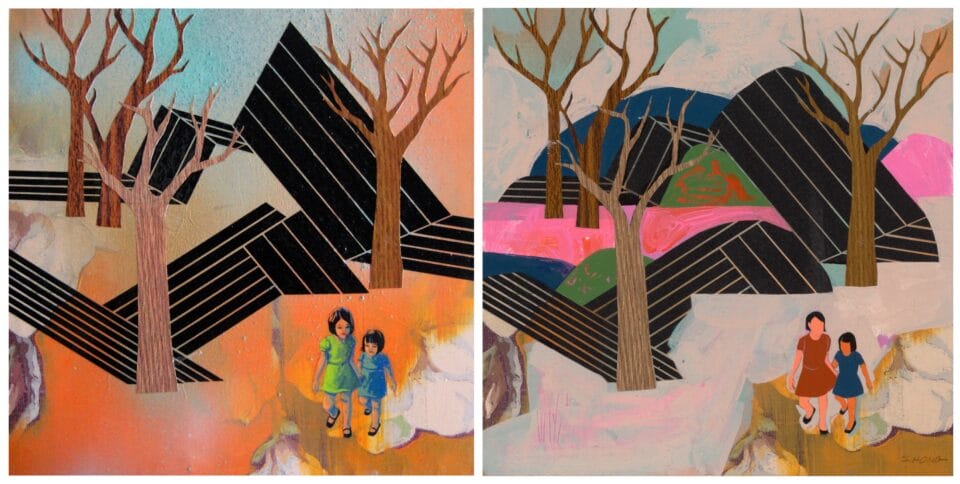 two works side by side on the left is an abstract landscape with two children. the right is the same image with more abstract but well defined figures and a pink segment