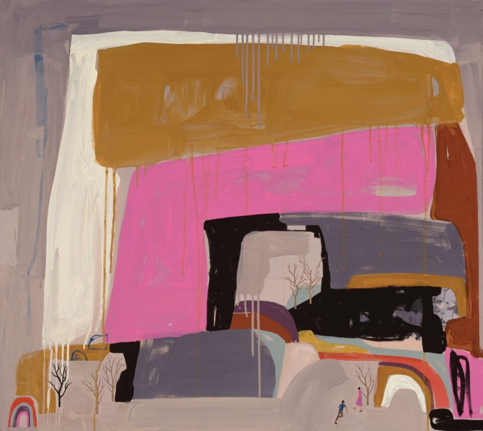 an abstract landscape with pink, white, gray, and ochre patches. figures are in the foreground