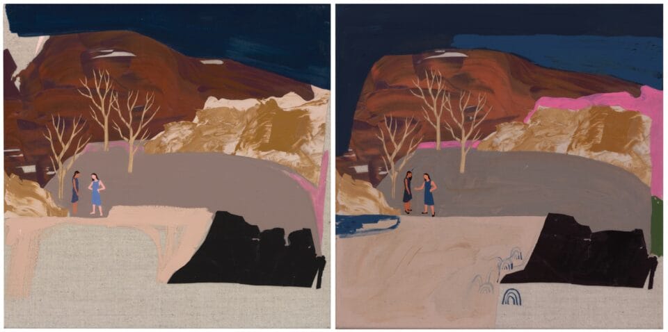 two works side by side on the left is an abstract landscape with two figures. the right is the same image with more well defined figures and a pink segment