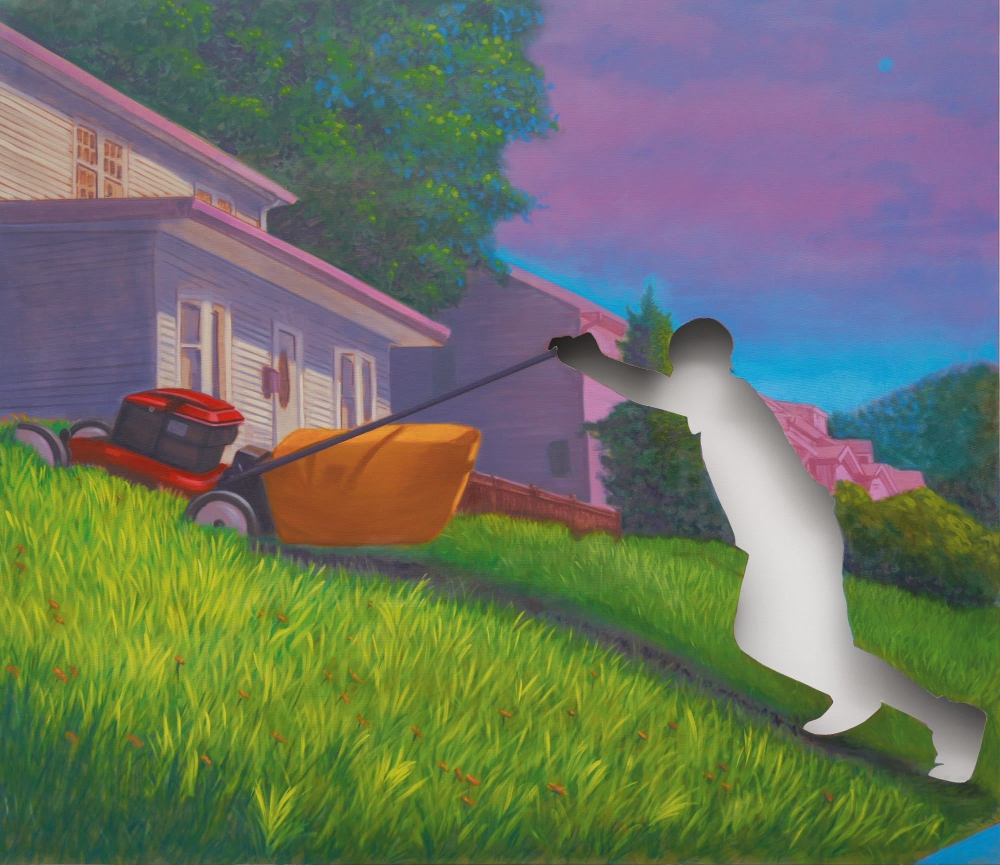 an oil painting portraying a figure mowing a lawn uphill, but the figure has been removed, leaving a void in the canvas