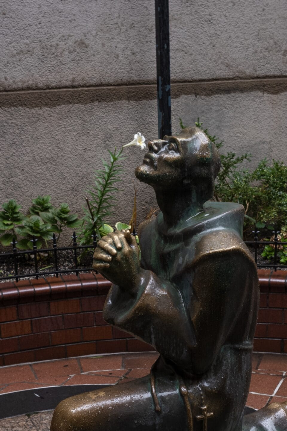 a photograph of a bronze sculpture of a monk in prayer, with a flower near him so that he appears to be smelling the bloom