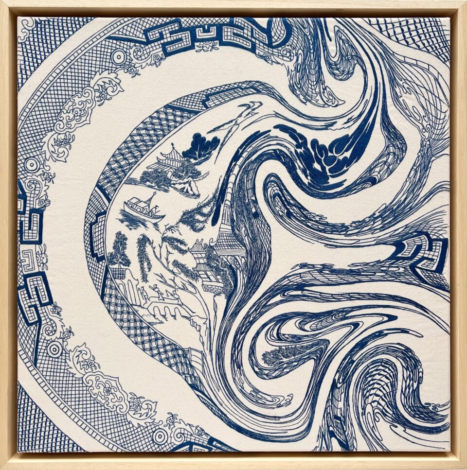 an embroidery of a blue-and-white porcelain plate swirling on one side