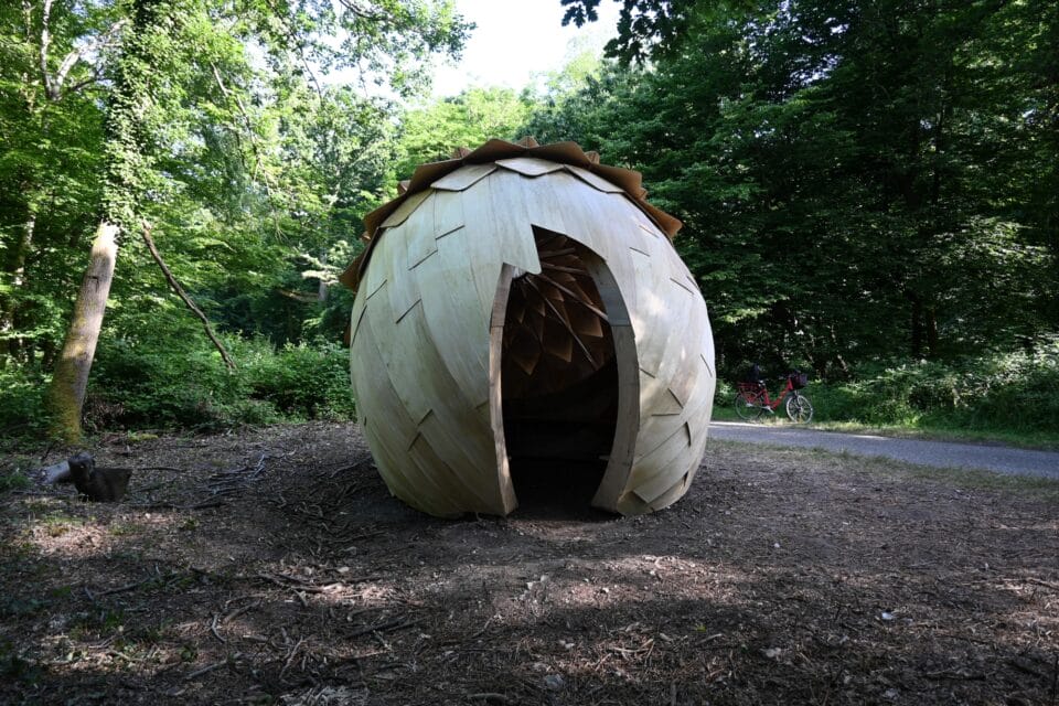 a large wooden acorn rests in a forest with a doorway opening