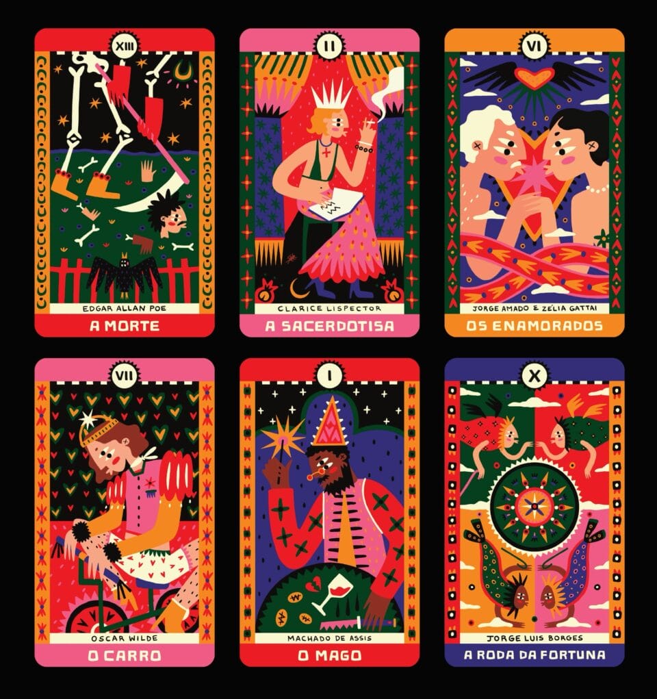 six designs for vibrantly illustrated tarot cards with fantastical creatures and human figures depicting iconic authors