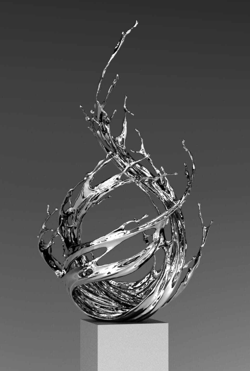 a chrome-colored sculpture on a white pedestal in an abstract form of swirling liquid