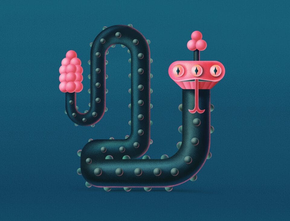 a humorous digital illustration of a snake-like creature with a cactus texture on its body, a pink rattler at the end of its tail, and three eyes