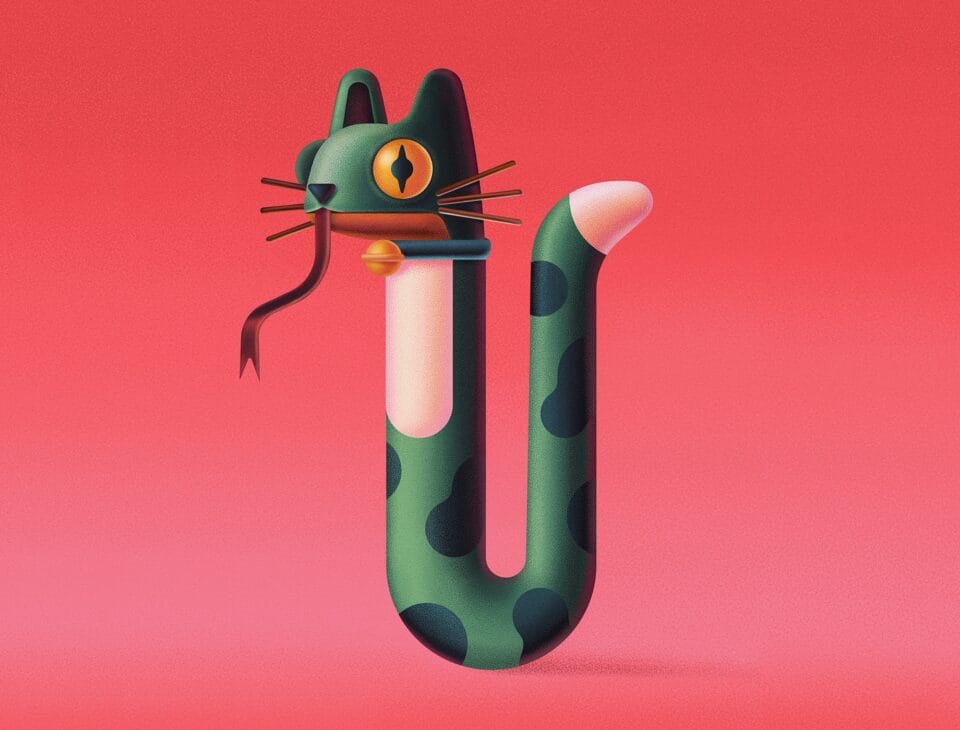 a humorous digital illustration of a green, spotted cat with a snake's body and tongue