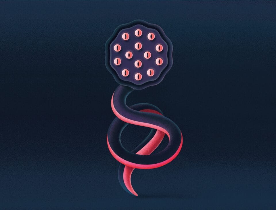 a humorous digital illustration of a black-and-pink snake with large, disk-like head with numerous eyes