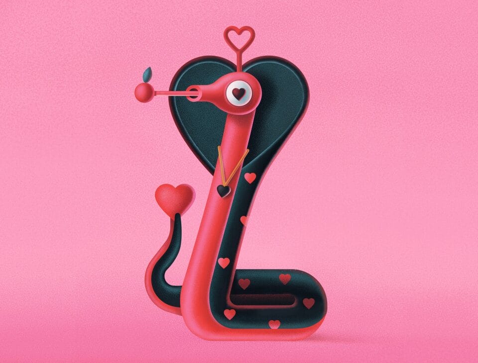 a humorous digital illustration of a pink snake with a black cape, hearts on its head and tail, and an orange at the end of its extended tongue