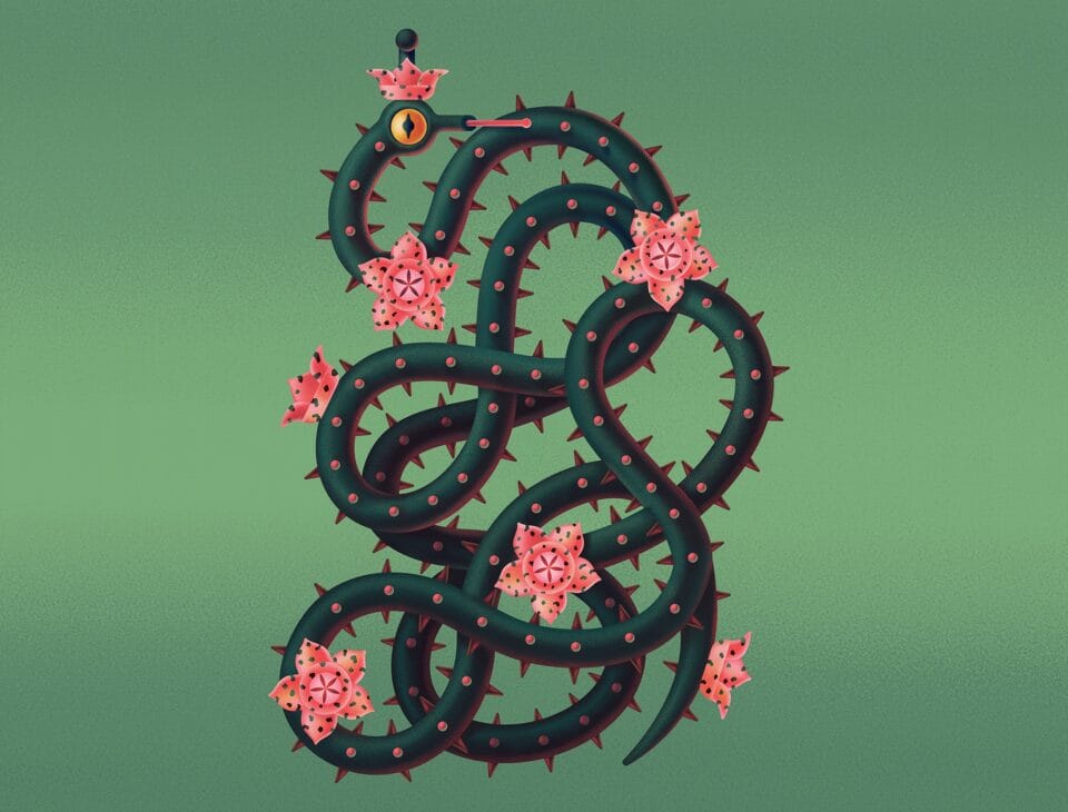 a humorous digital illustration a snake textured like a cactus with pink flowers