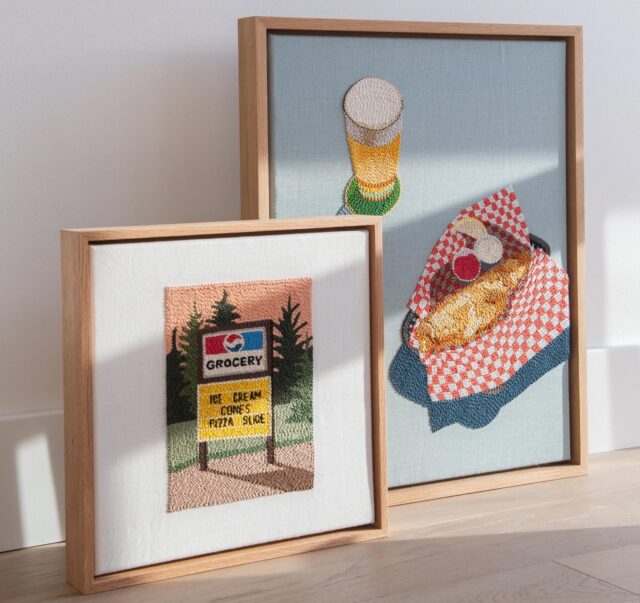 two framed embroideries with images of fried fish and a beer along with a grocery store sign and a marquee reading "ice cream cons pizza slice"