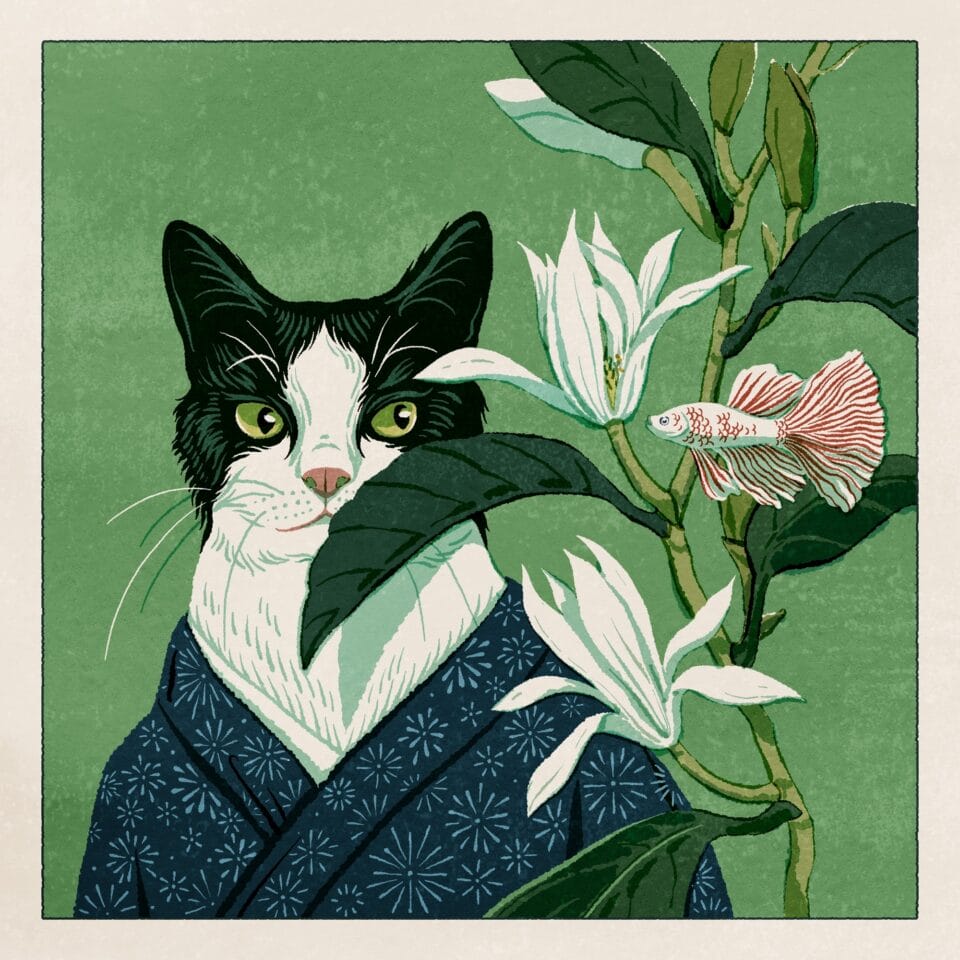 an illustration of a black-and-white cat wearing a blue kimono and standing next to a white flowering plant, against a green background, as a large goldfish hovers nearby