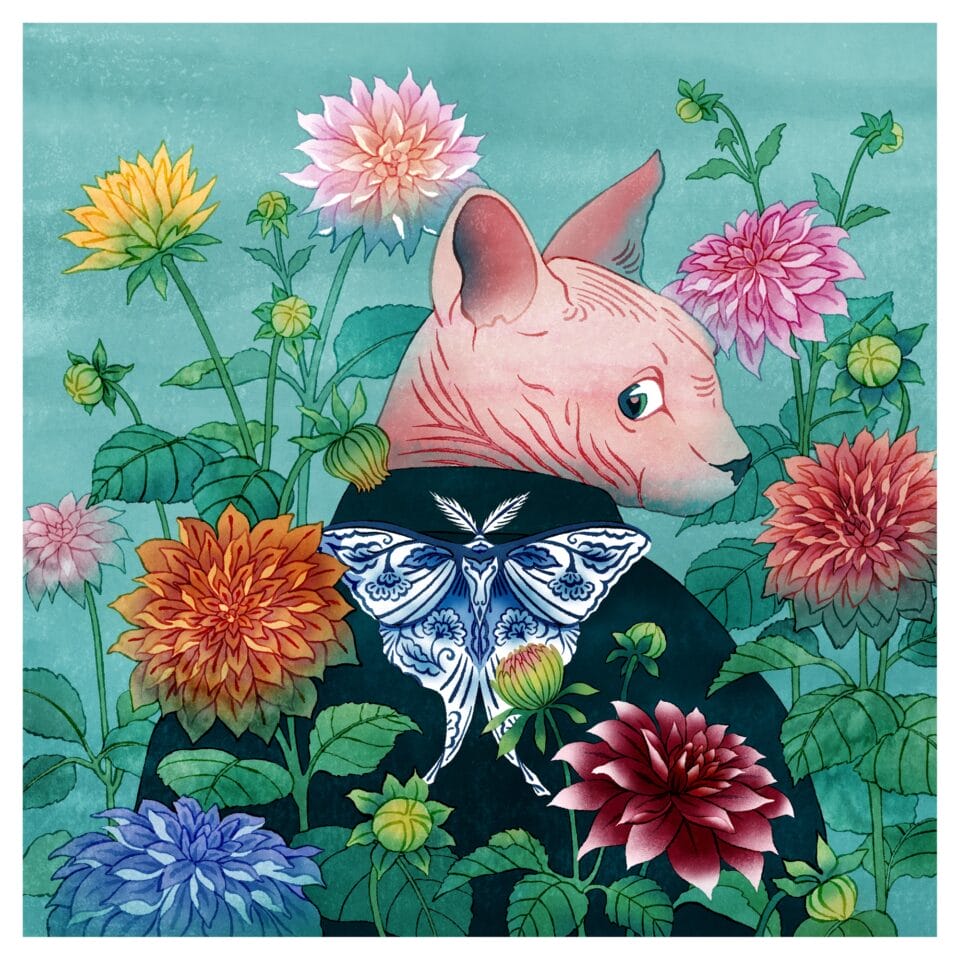 an illustration of a hairless cat peering backward at the viewer and wearing a kimono among a group of flowers with a blue-and-white butterfly on its back