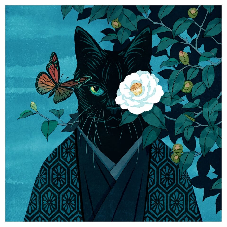 an illustration of a black cat wearing a kimono and looking directly at the viewer from behind a white flower, with a monarch butterfly flying nearby