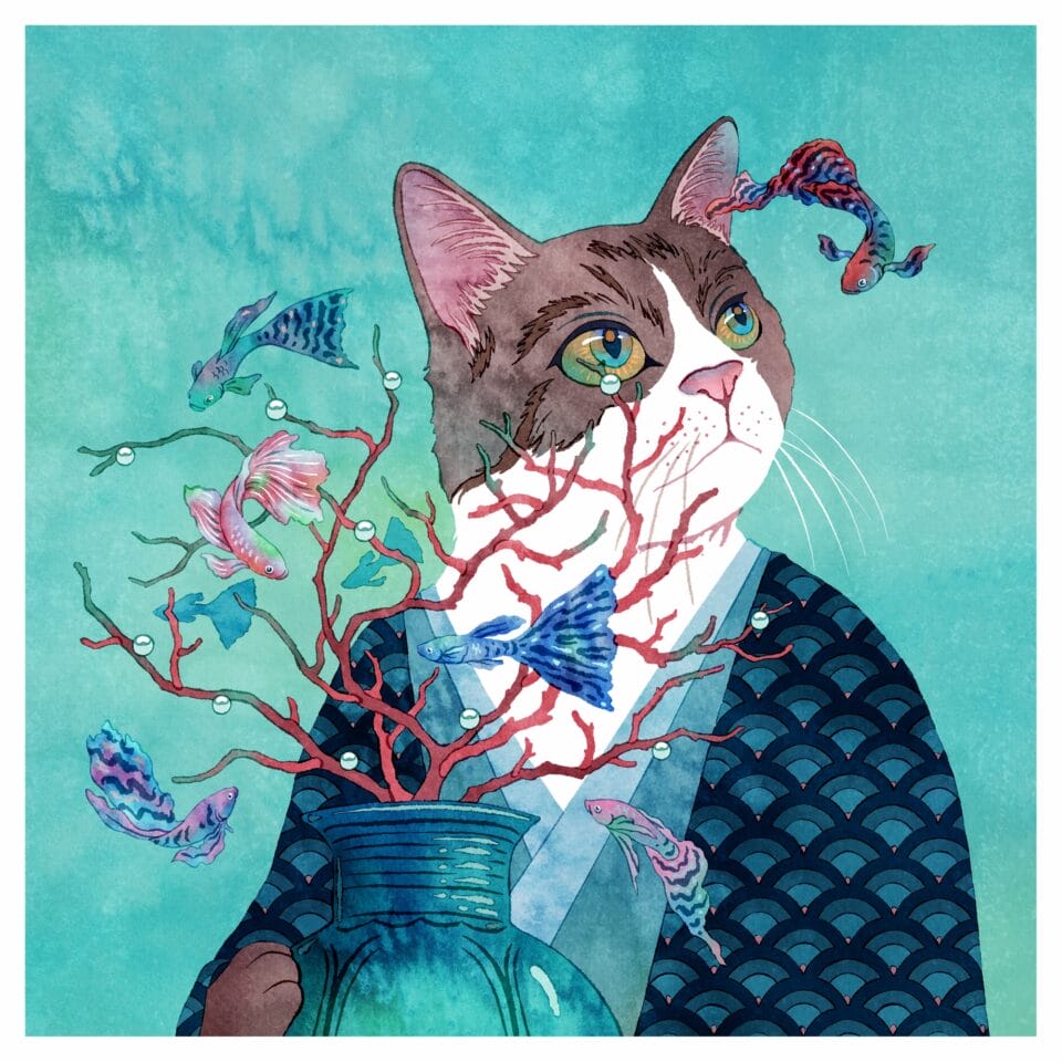 an illustration of a brown-and-white cat wearing a patterned kimono, standing against a teal background and holding a vase with red coral in it, around which a group of fish swim