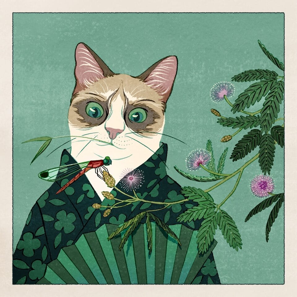 an illustration of a Siamese cat wearing a kimono and holding a green fan, looking at a dragonfly that is perched on a purple flowering plant