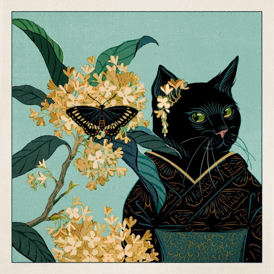 an illustration of a black cat wearing a kimono and a hair ornament, standing beside a hydrangea with a black-and-yellow butterfly perched on it