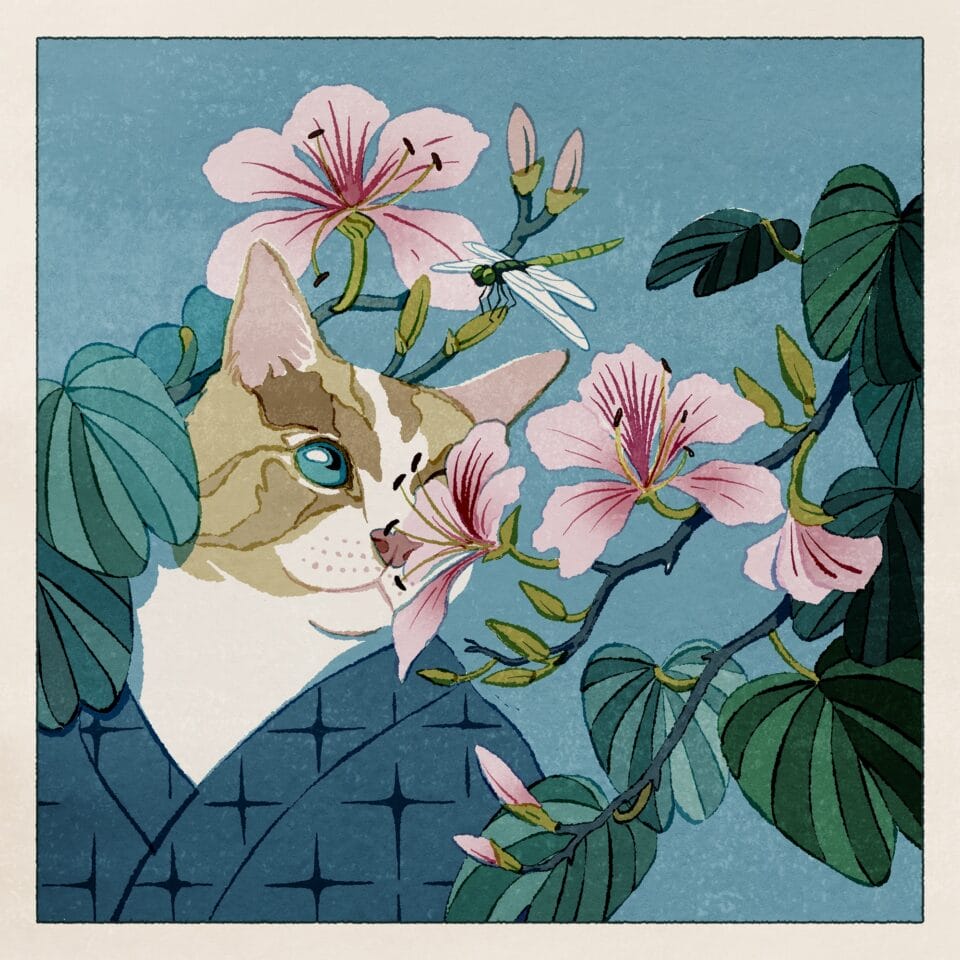 an illustration of a brown-and-white cat wearing a kimono and standing among a pink flowering plant with a dragonfly hovering nearby