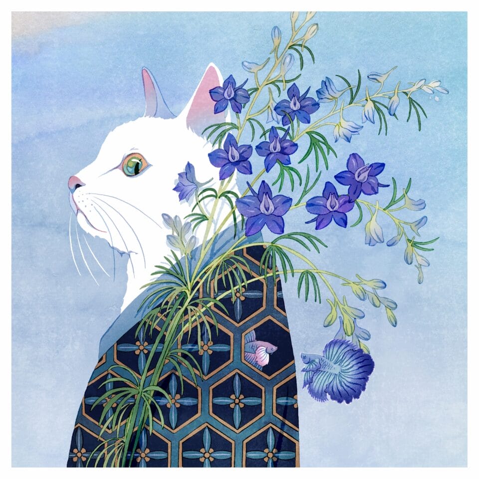 an illustration of a white cat wearing a patterned kimono, with purple flowers in front of it and a couple of small betta fish nearby