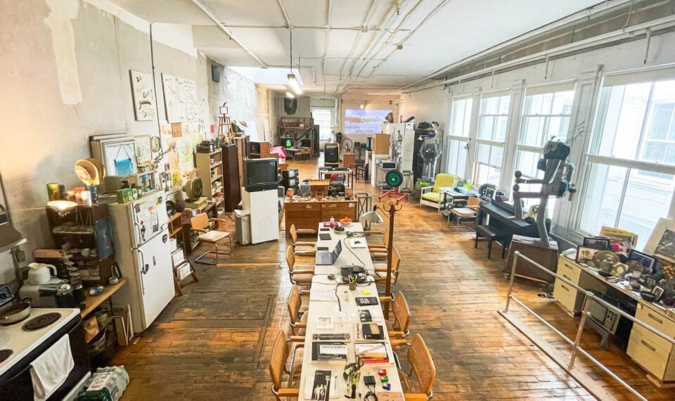 the interior of a loft apartment in New York City, home to artist Shigeko Kubota, who made video art