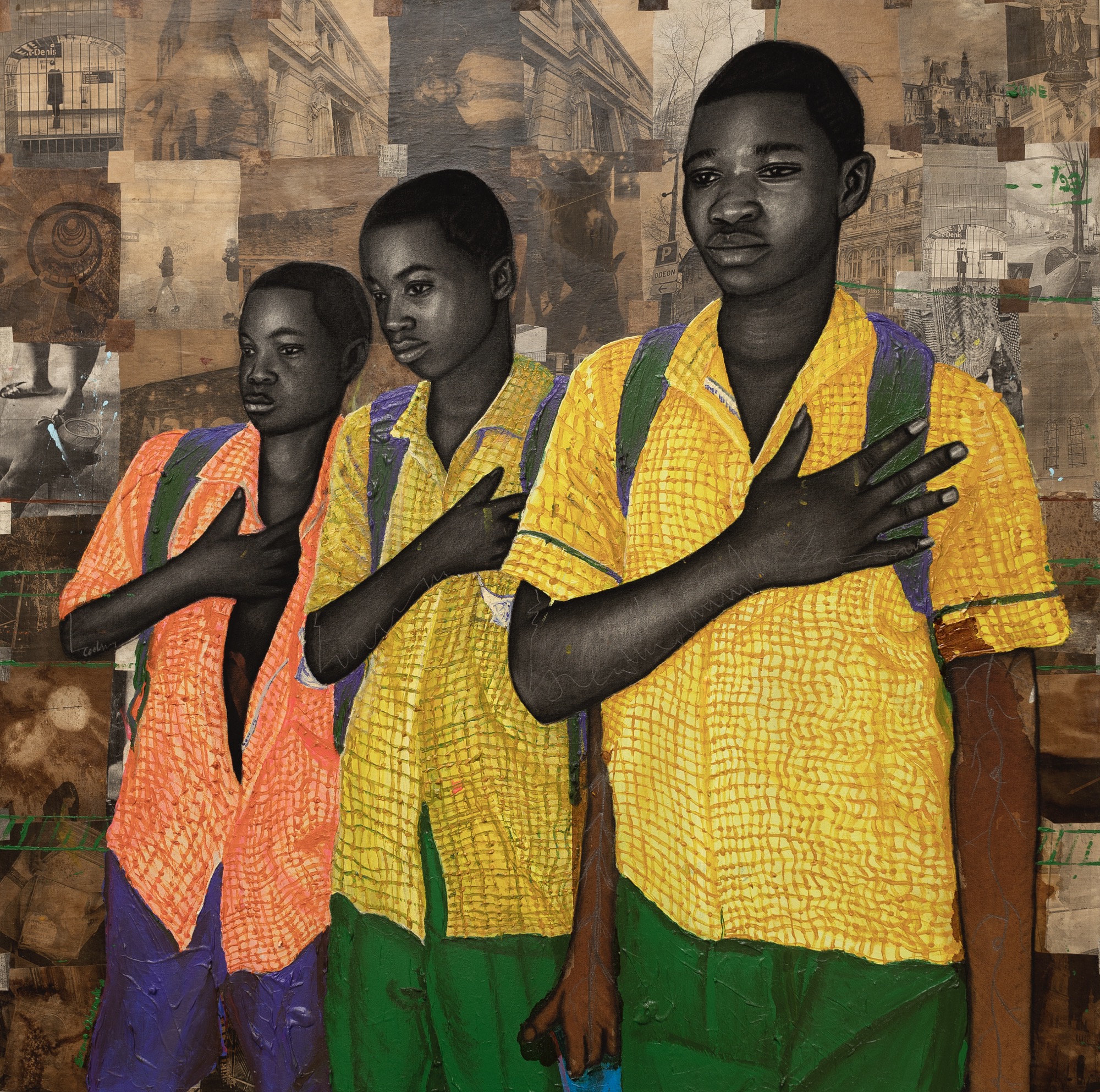 a collaged portrait of three young boys wearing yellow shirts, standing with their hands on their chests in front of a background of black-and-white photos