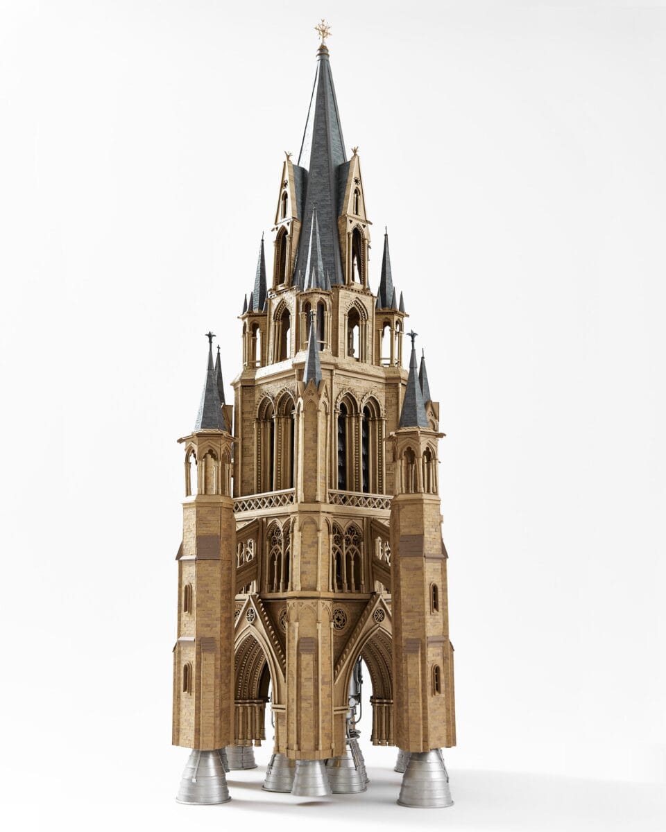 an elaborate cardboard sculpture of a gothic cathedral tower