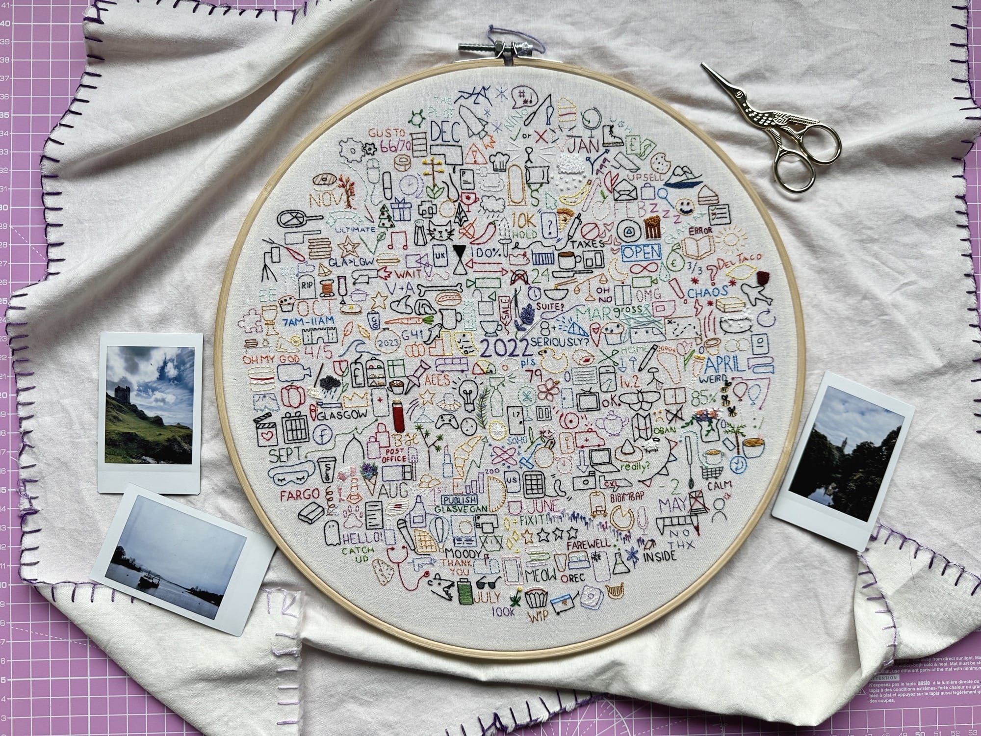 an embroidery hoop with numerous embroidered icons in different colors, each icon representing a day of the year