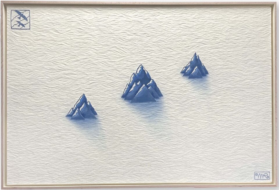 a combination woodcut and oil painting of three blue mountains emerging from a white, watery background