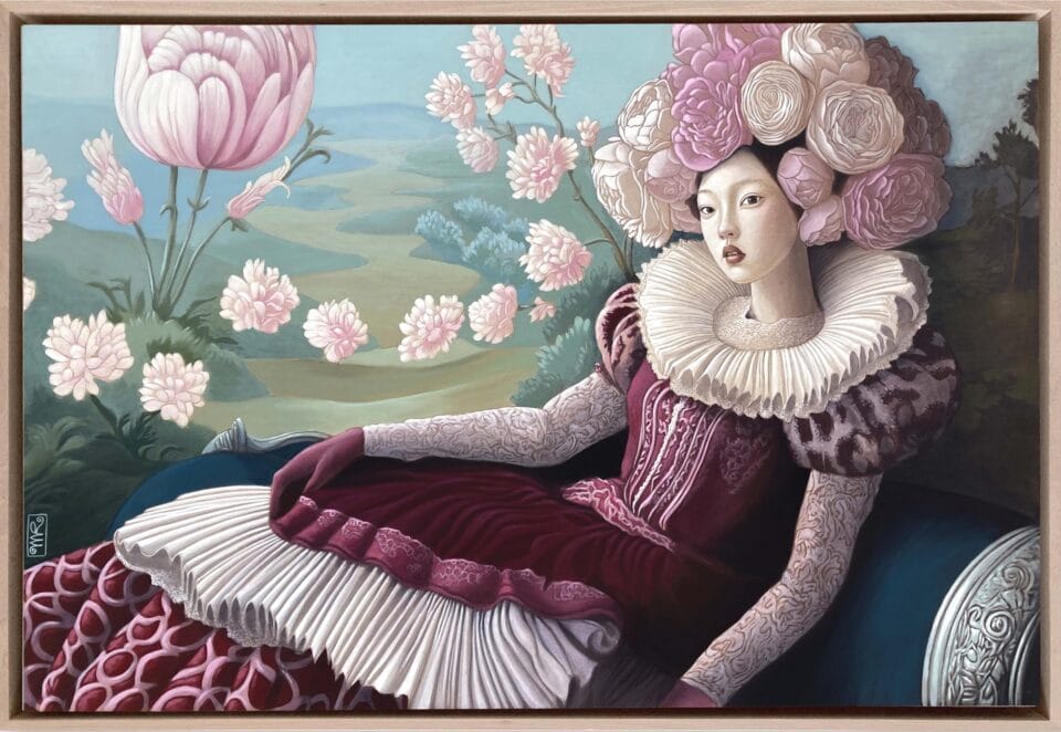 a combination woodcut and acrylic painting of a reclining woman wearing a ruffly pink dress and a large headdress of pink flowers, set against a green landscape with more pink flowers