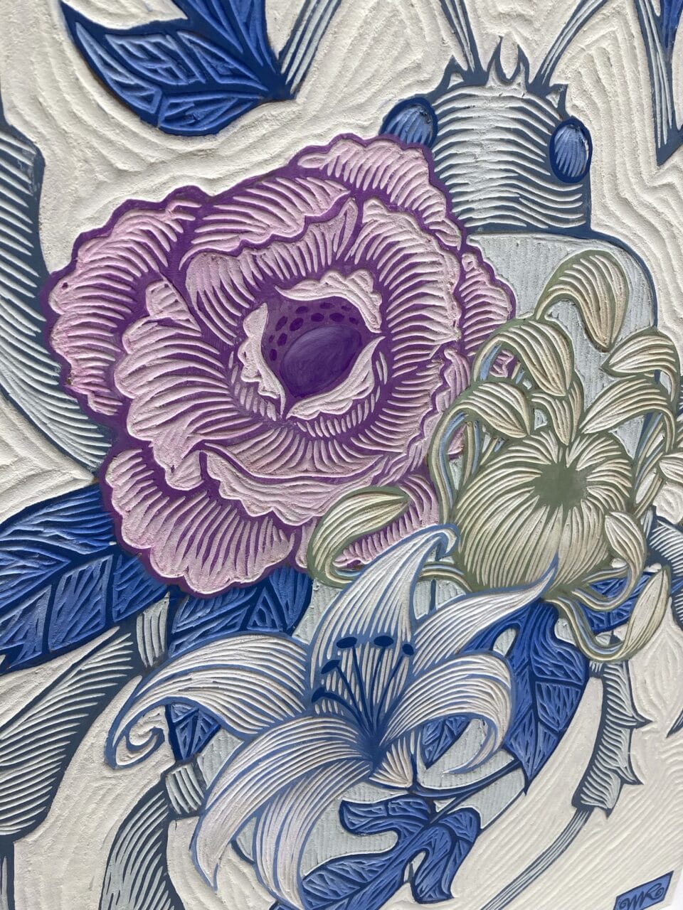 a detail of a combination woodcut and oil painting of a scarab beetle with large flowers over its body, set against a white background