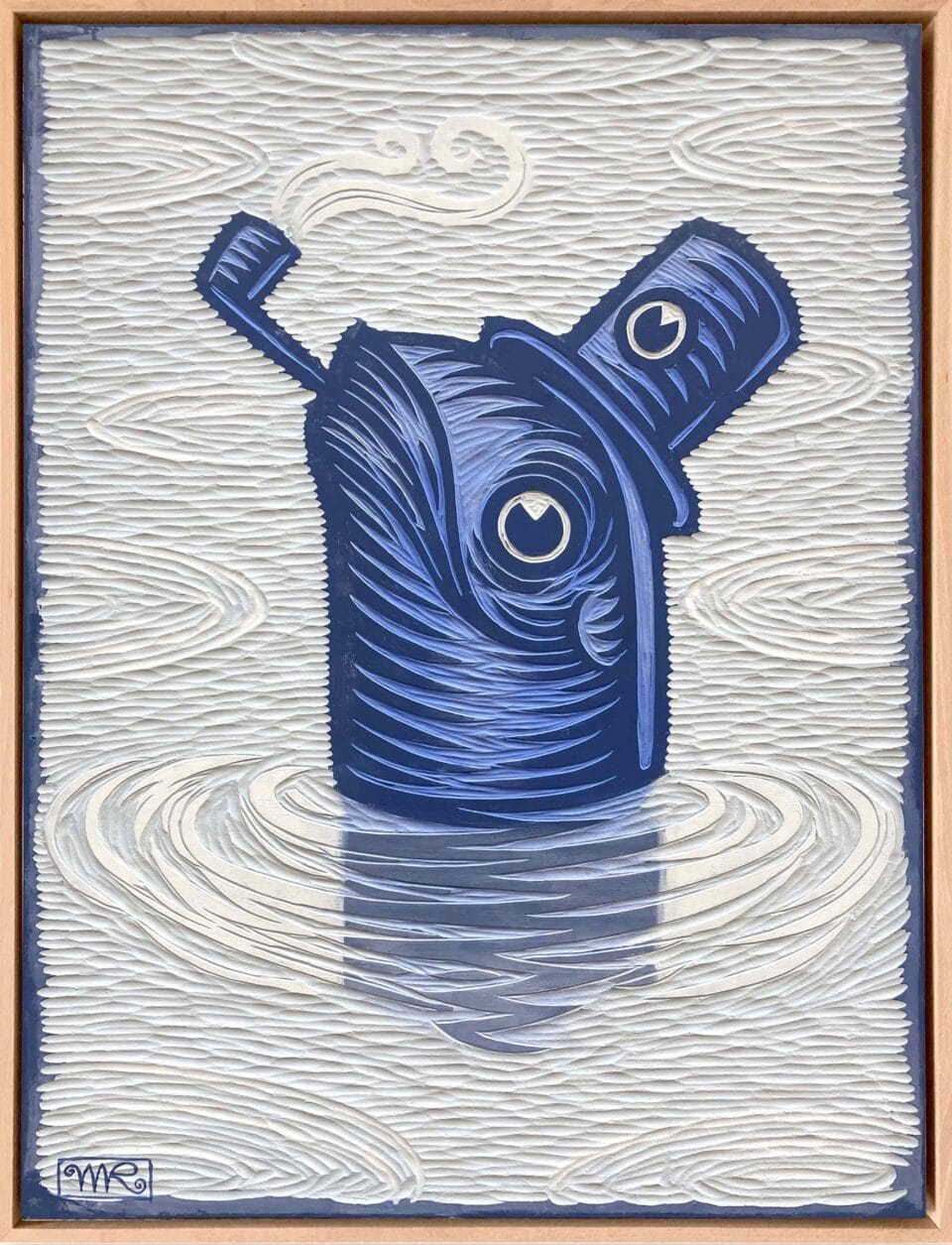 a combination woodcut and oil painting of a comical fish popping its head out of the water, wearing a top hat that has an eyeball, with a pipe in its mouth