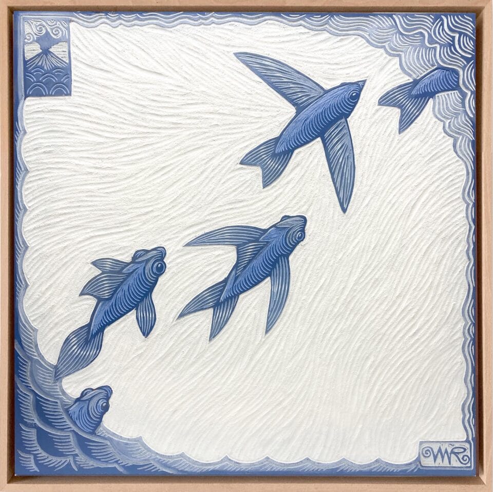 a combination woodcut and acrylic painting of a group of blue fish that morph into birds, set against a white background as if viewed from below