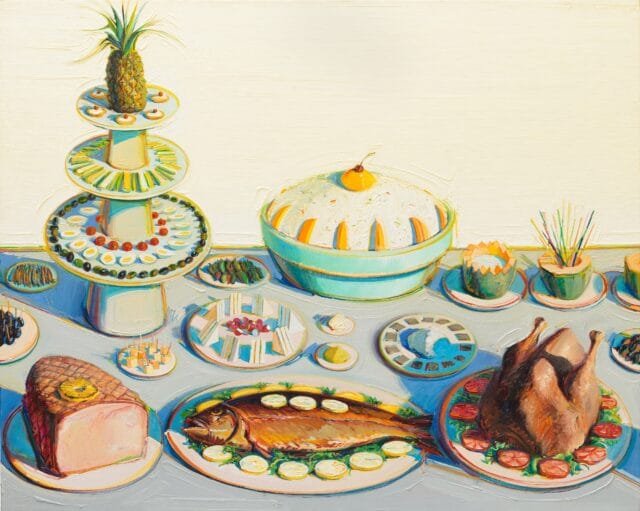 a painting by Wayne Thiebauld of a meal spread with dishes of fish, ham, chicken, appetizers, and desserts in pastel oil paint