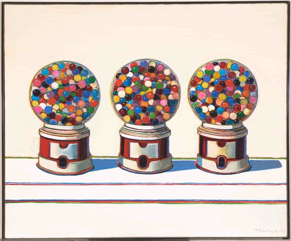 a painting of three gum ball machines in a row against a white background