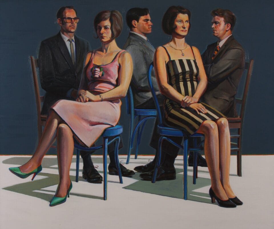 a painting of five people seated on chairs, with three men in the background and two women in the foreground, all facing slightly different directions