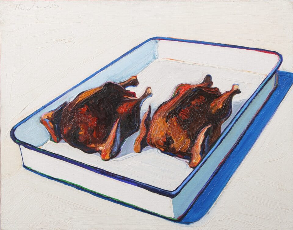 an oil painting by Wayne Thiebauld of two small chickens or hens in a white enamel tray with blue edges